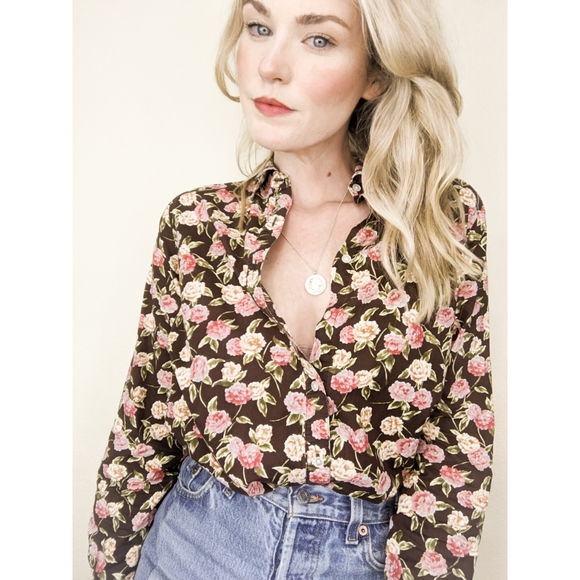 90s Brown Floral Long Sleeve Button Down Blouse - Picture 10 of 14